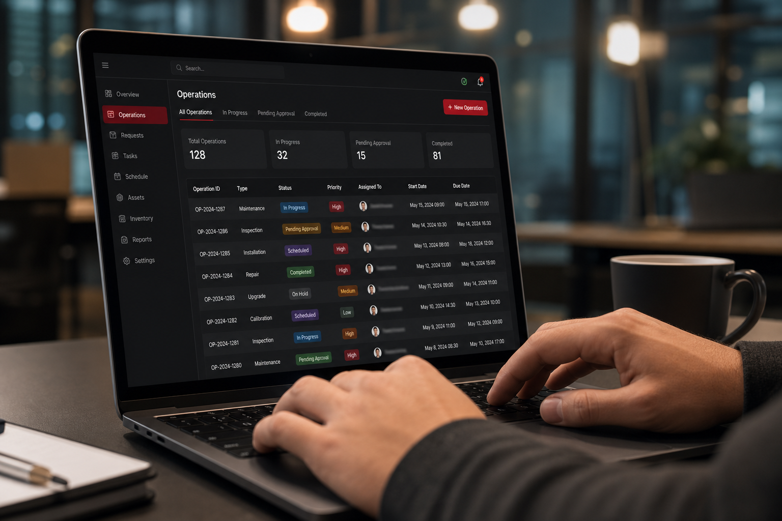 Custom operations dashboard used to track work in progress