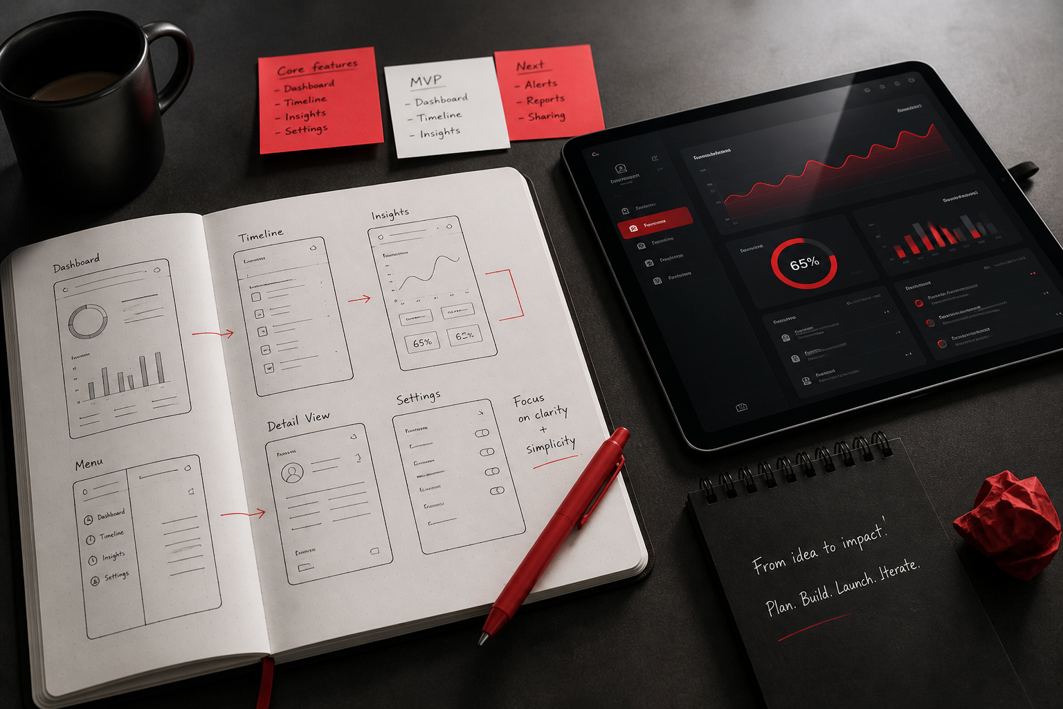 Sketches and a working dashboard planned side by side