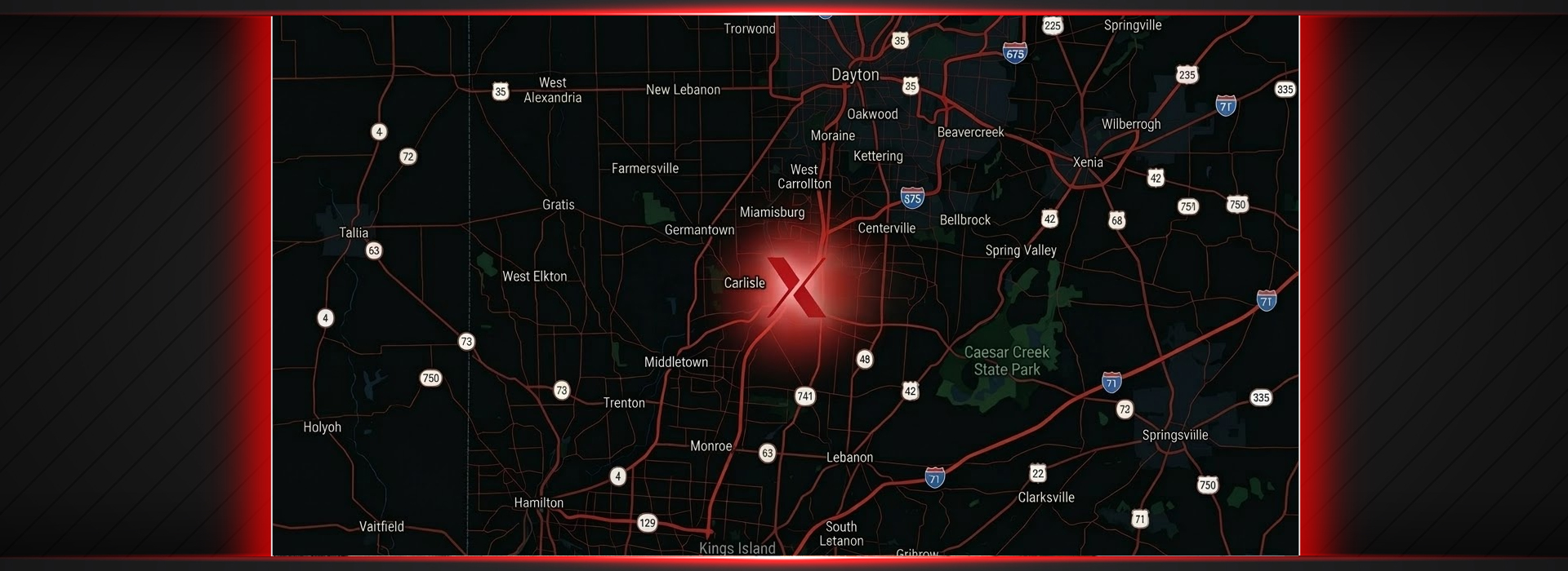 Map highlighting XPONEX near Franklin and Springboro
